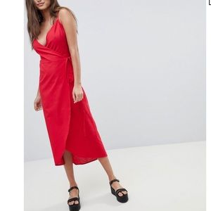 ASOS DESIGN Cami Wrap Linen Maxi Slip Dress- Red